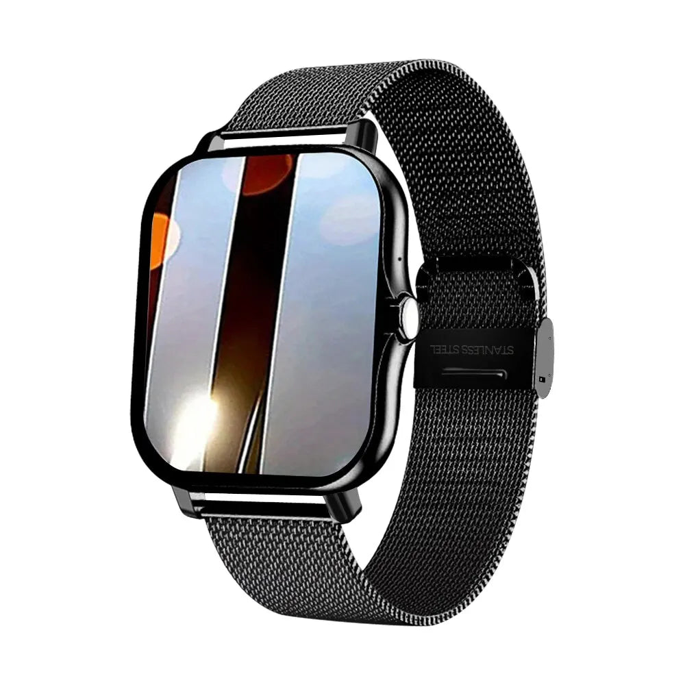 Black mini smart watch with black mesh strap and square touchscreen display