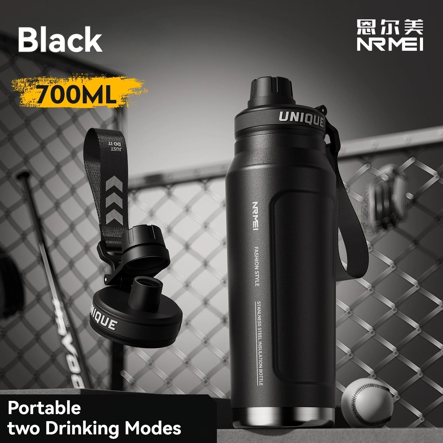 700ml insulated double-wall sports bottle, black, with carry handle and flip lid