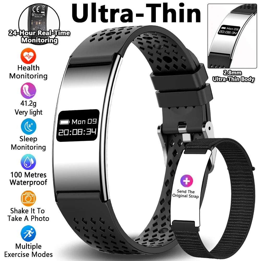 Black ultrathin fitness tracker bracelet with OLED screen and dark mesh strap