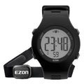 Black digital sports heart rate monitor watch with chest strap sensor and silicone band