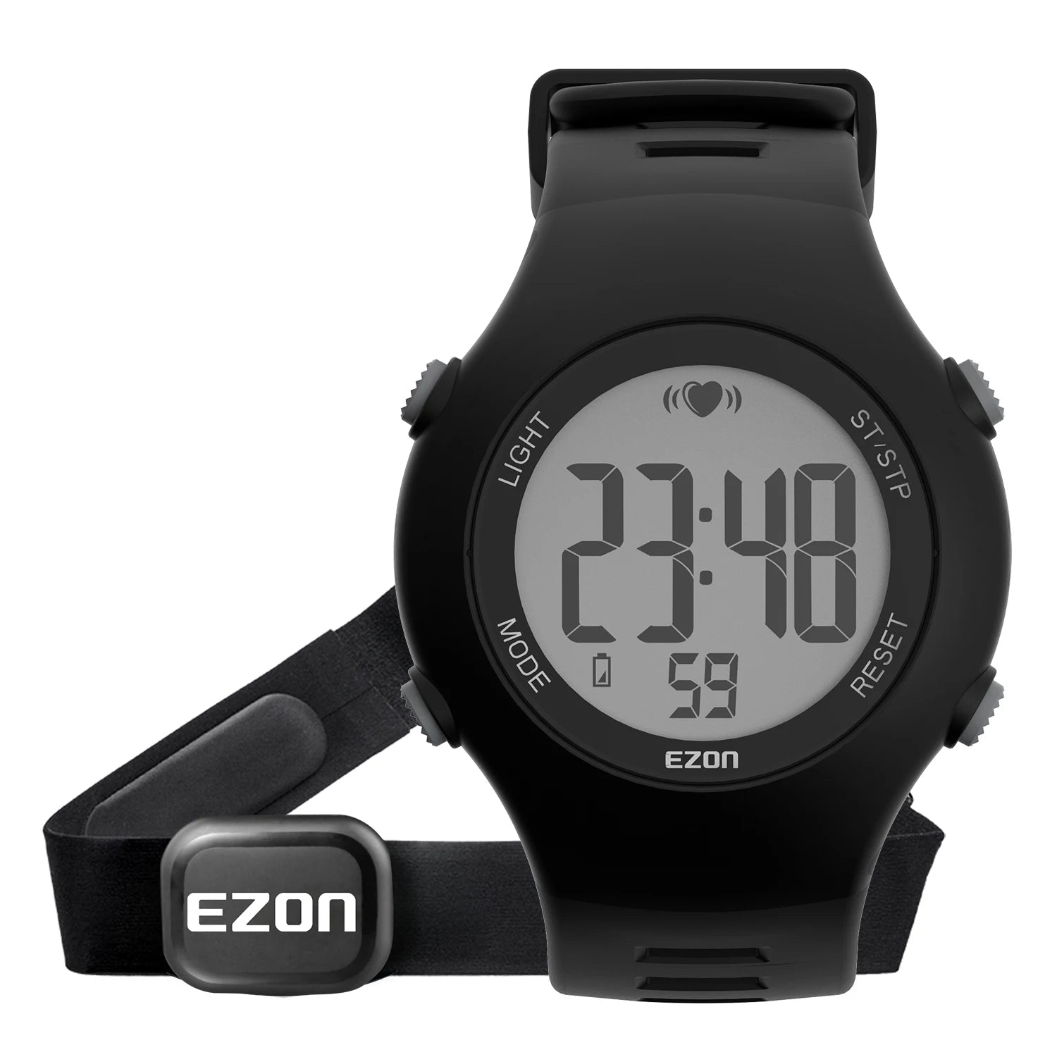 Black digital sports heart rate monitor watch with chest strap sensor and silicone band
