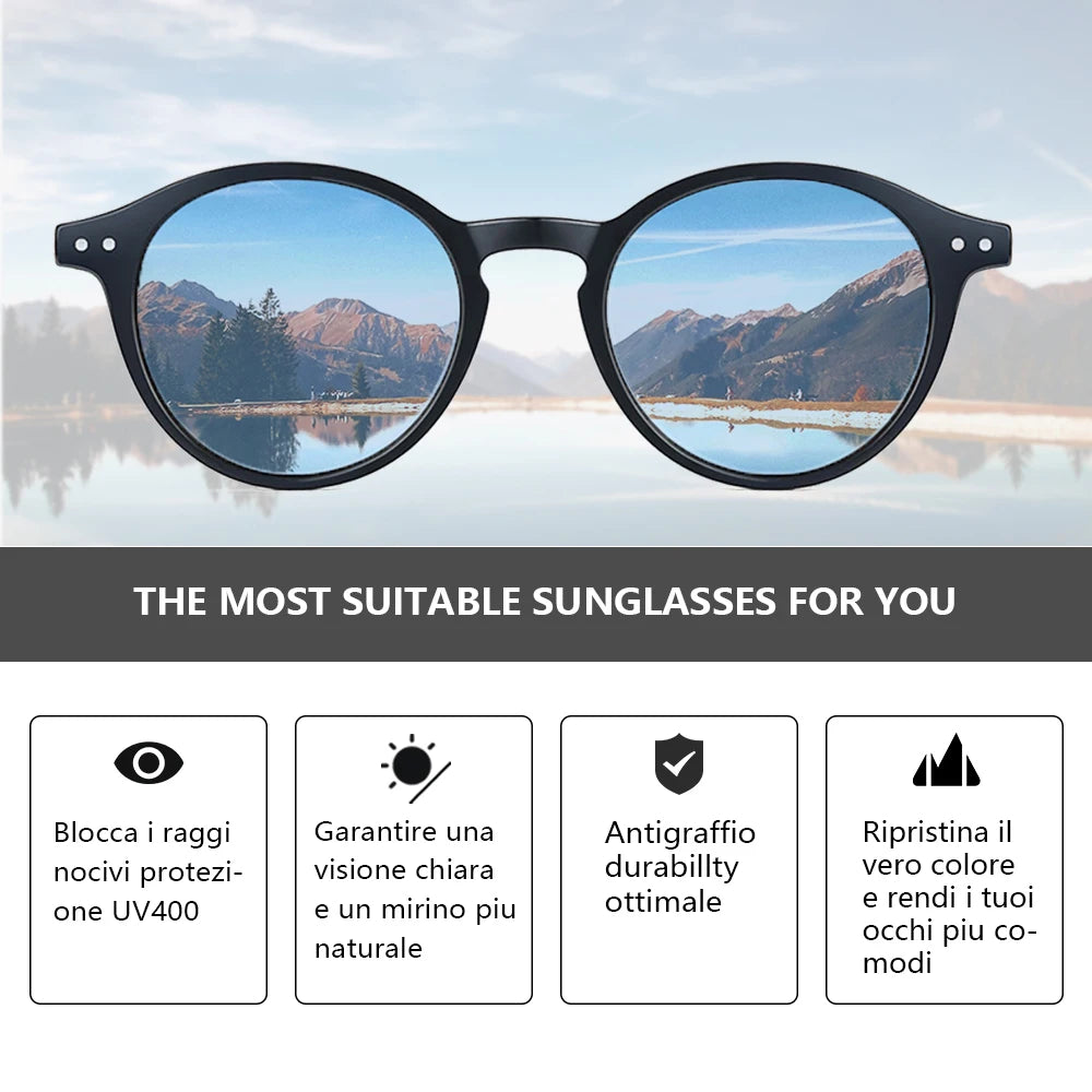 Retro round sunglasses with black frame and blue mirrored lenses