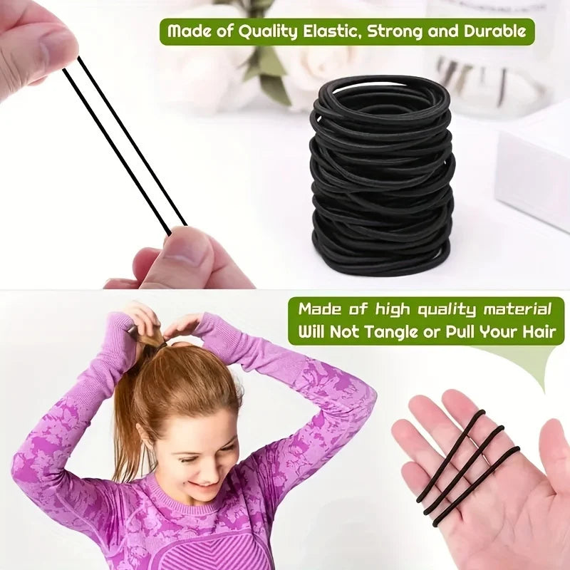 50/100pcs 3mm Black Small Elastic Hair Ties - Ponytail Holders for Thick & Curly Hair