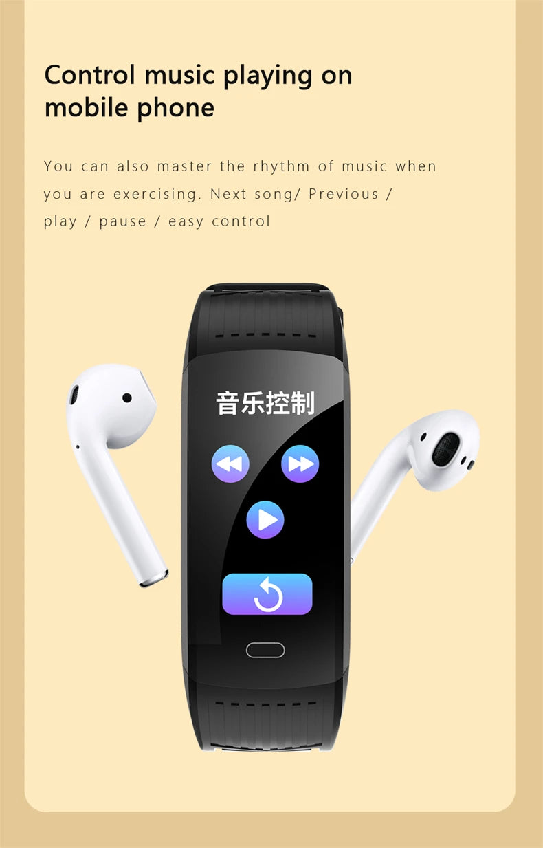 Black fitness smartwatch displaying music playback controls on its screen