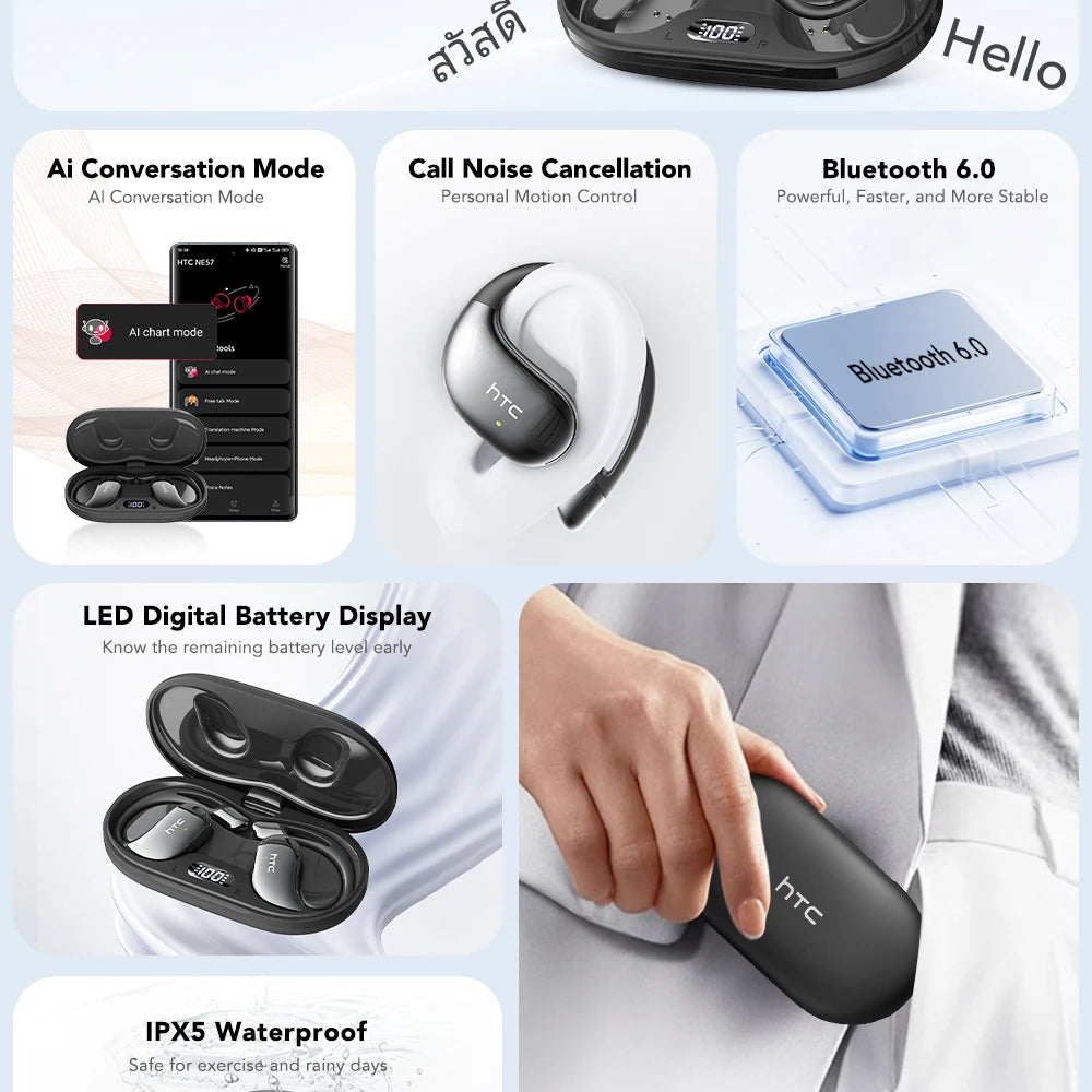 Black wireless earbuds with open charging case and earbuds, compact in-ear design