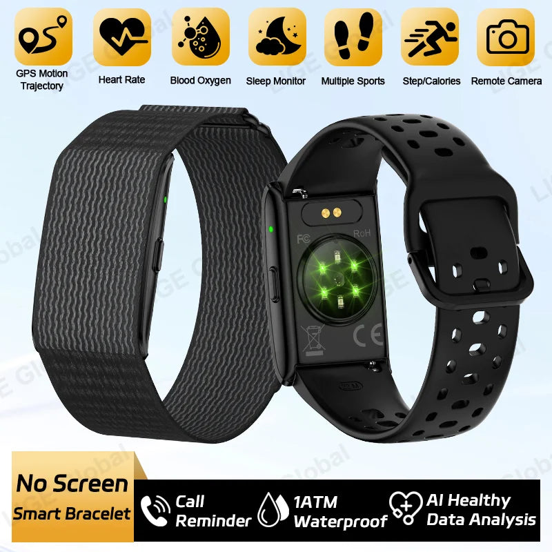 Black fitness smart bracelet with textured band and glowing circular watch display.