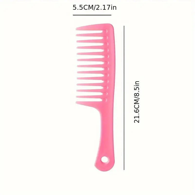 Pink wide-tooth hair comb with round hole handle and long, evenly spaced tines