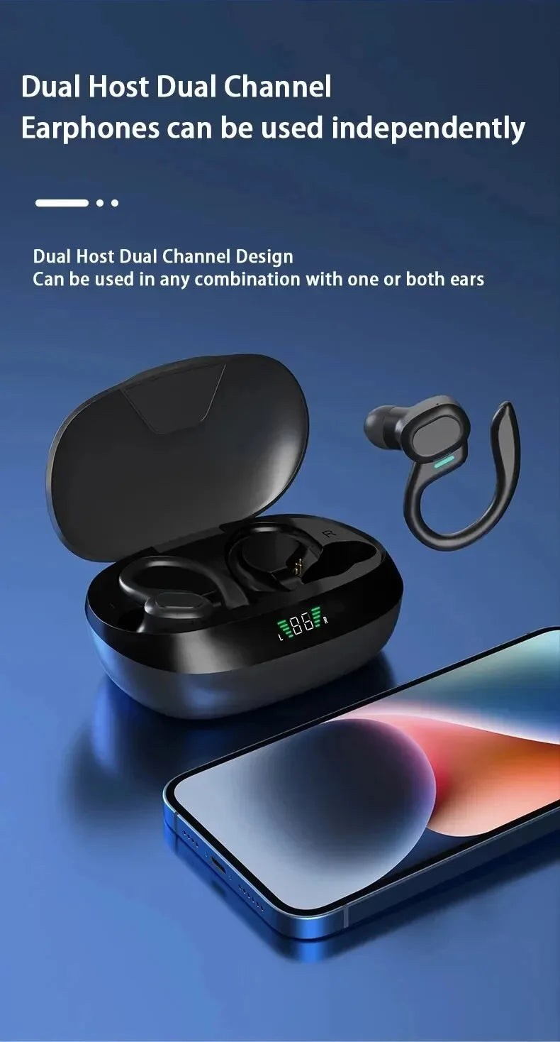Black wireless earbuds with open charging case and touch controls