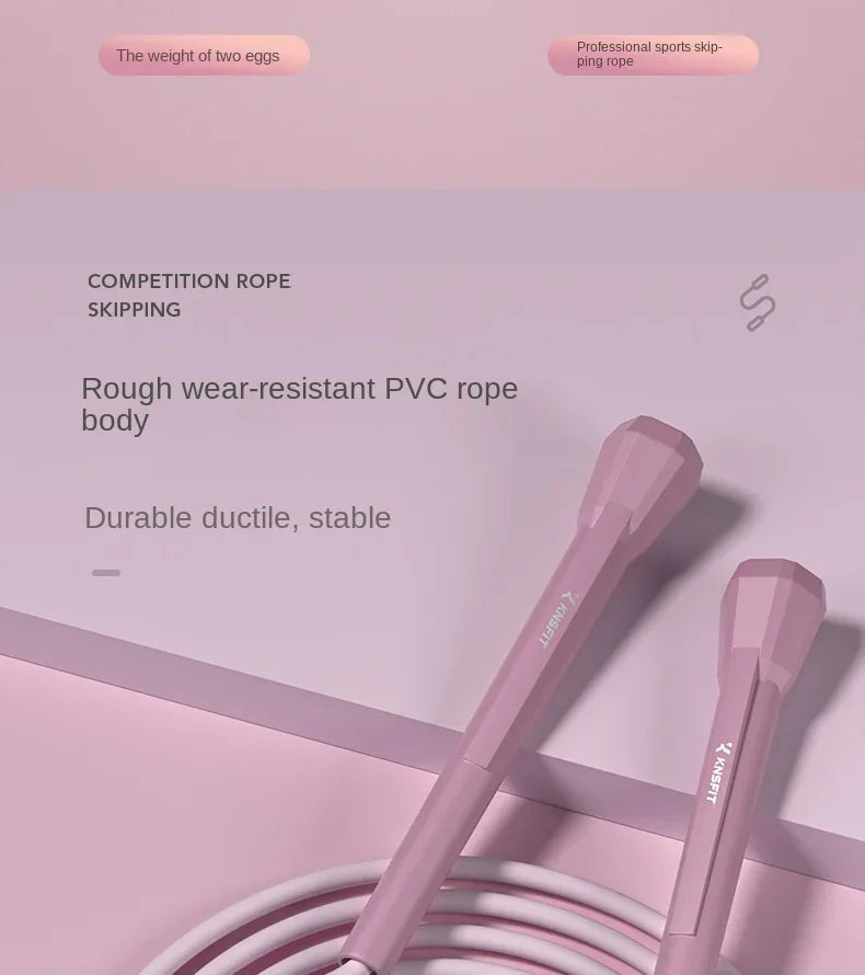 Light purple jump rope handles with coiled PVC rope body, angled view