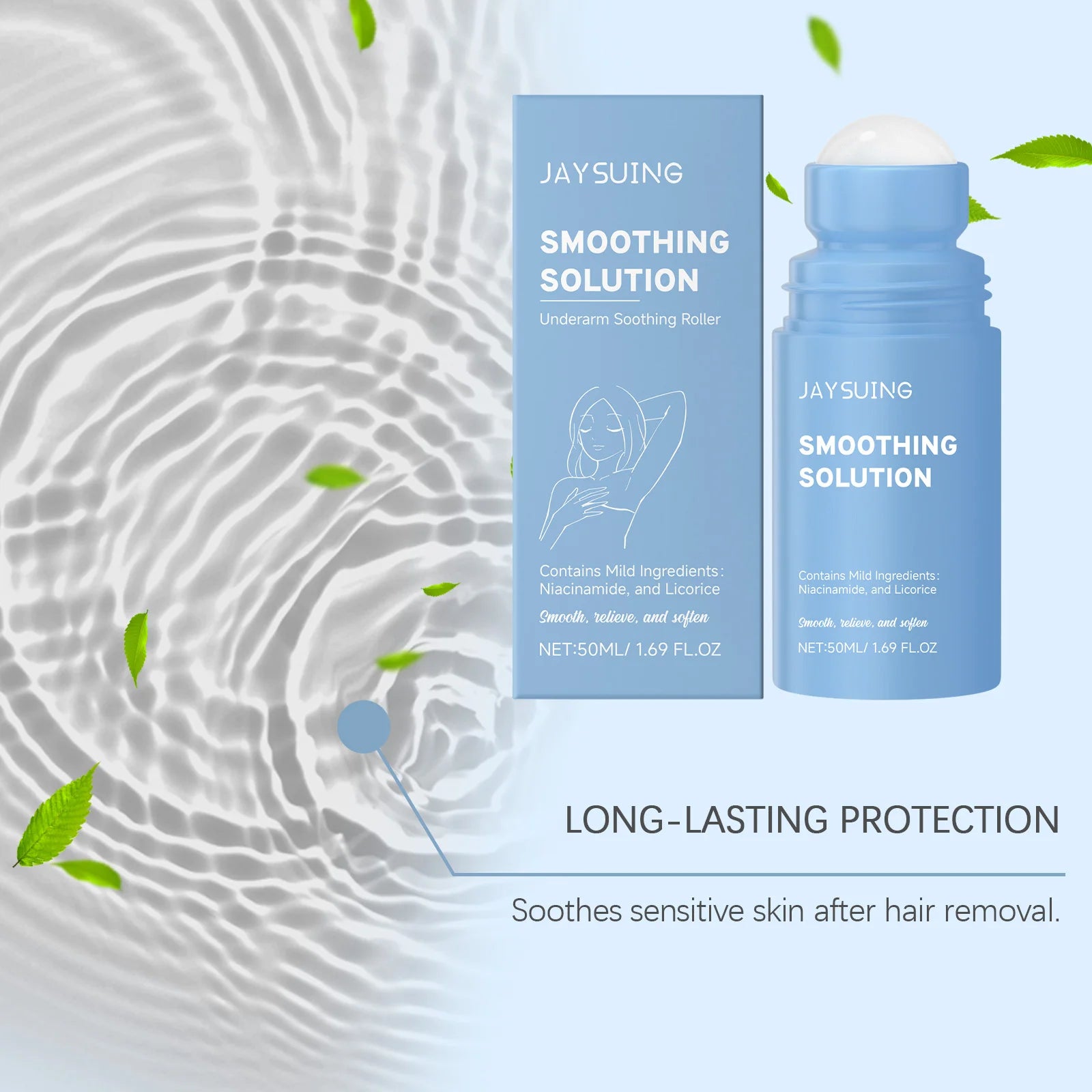 Underarm soothing roller bottle with blue cap and product box