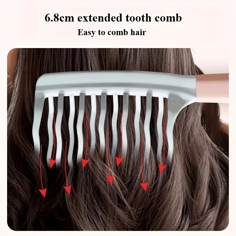 Wide-tooth detangling comb with long prongs over dark hair, light blue and white
