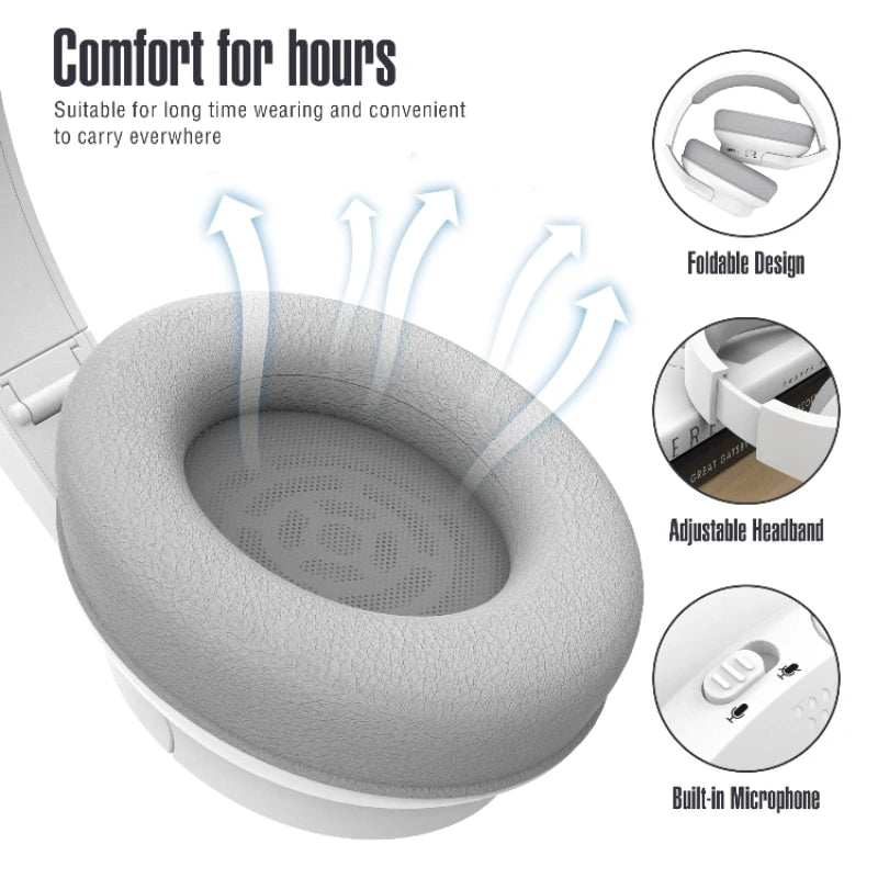 Light gray over-ear wireless headset ear cushion with built-in microphone features