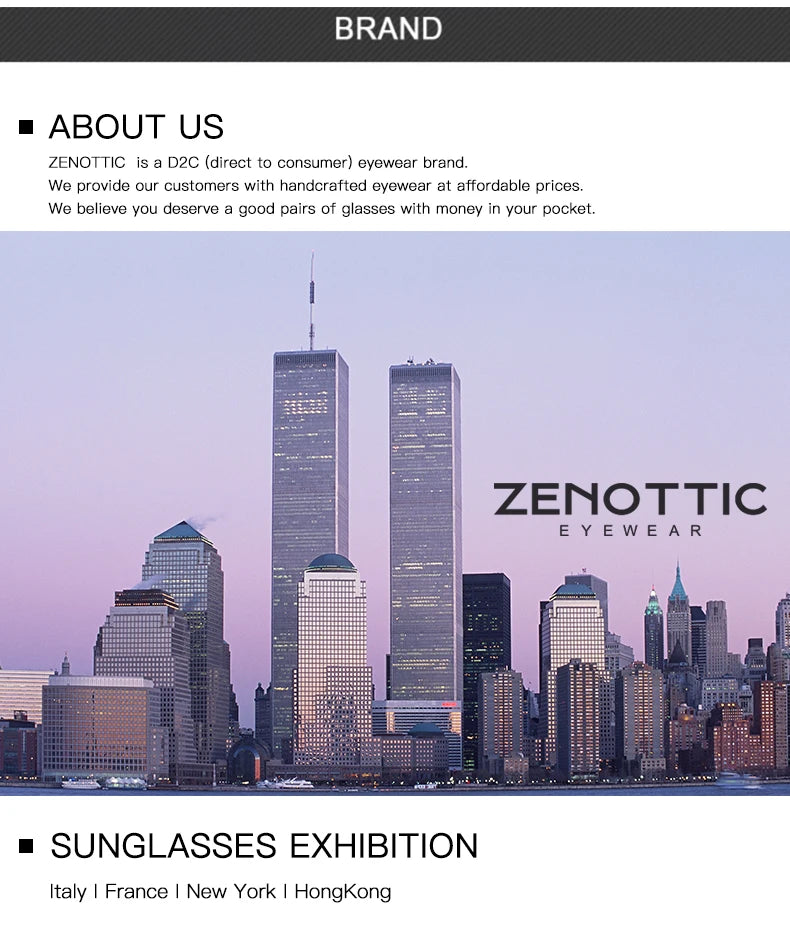ZENOTTIC Eyewear About Us page with skyline background and brand text