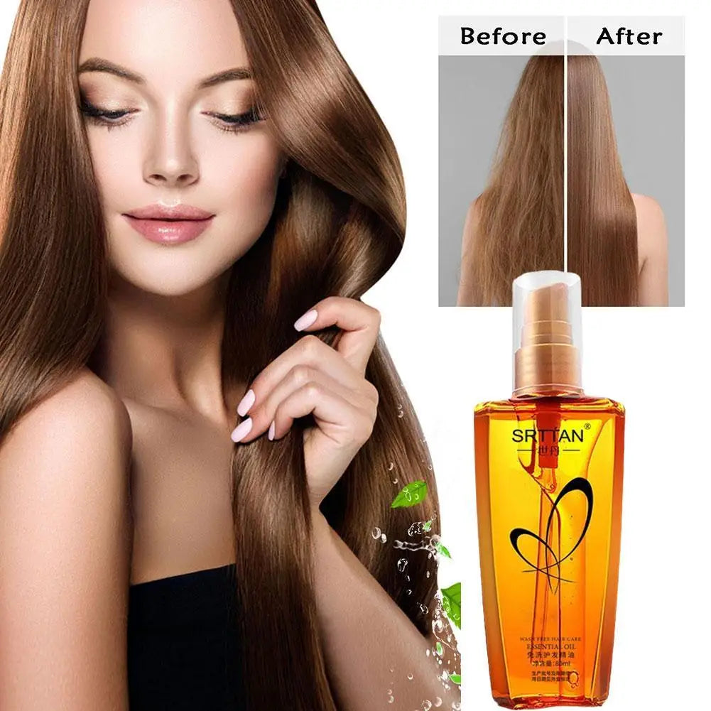 Hair serum bottle with white pump beside woman with long brown hair; before/after panel.