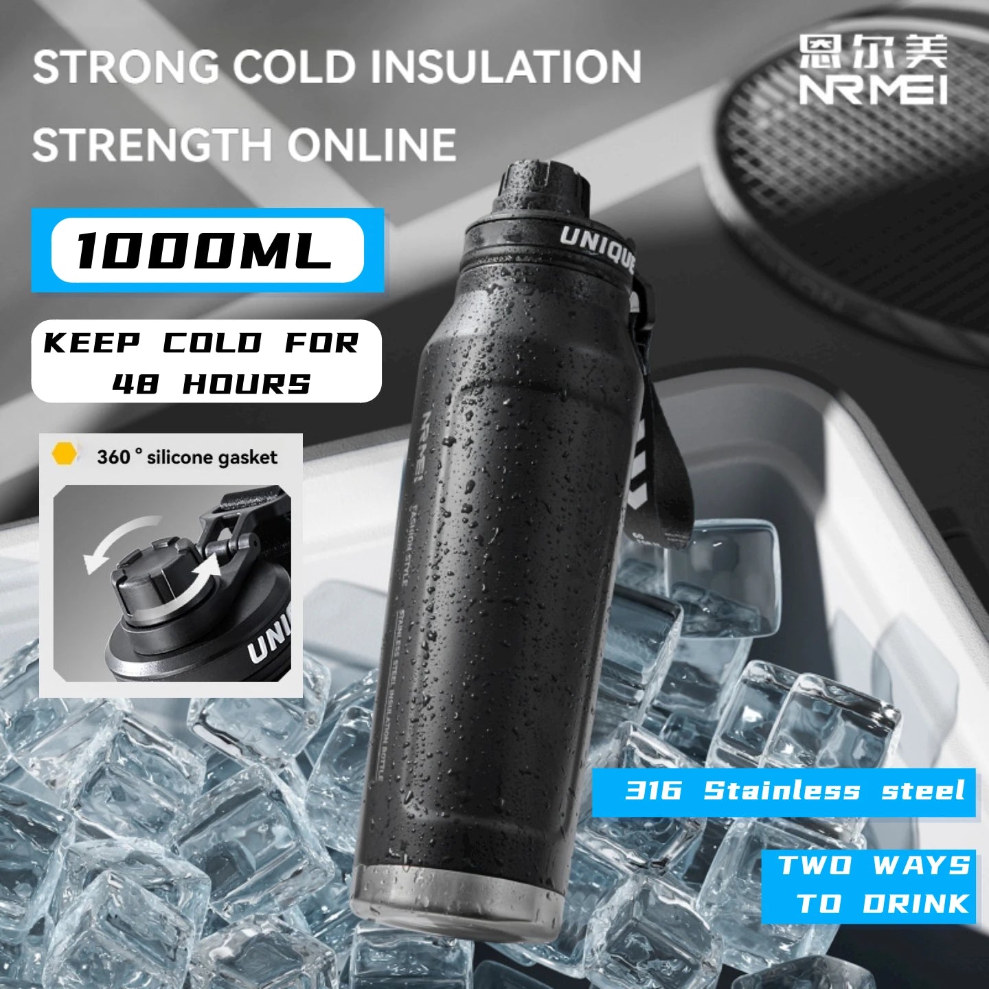 1000ml black insulated stainless steel sports water bottle with carry handle