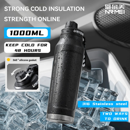 1000ml black insulated stainless steel sports water bottle with carry handle