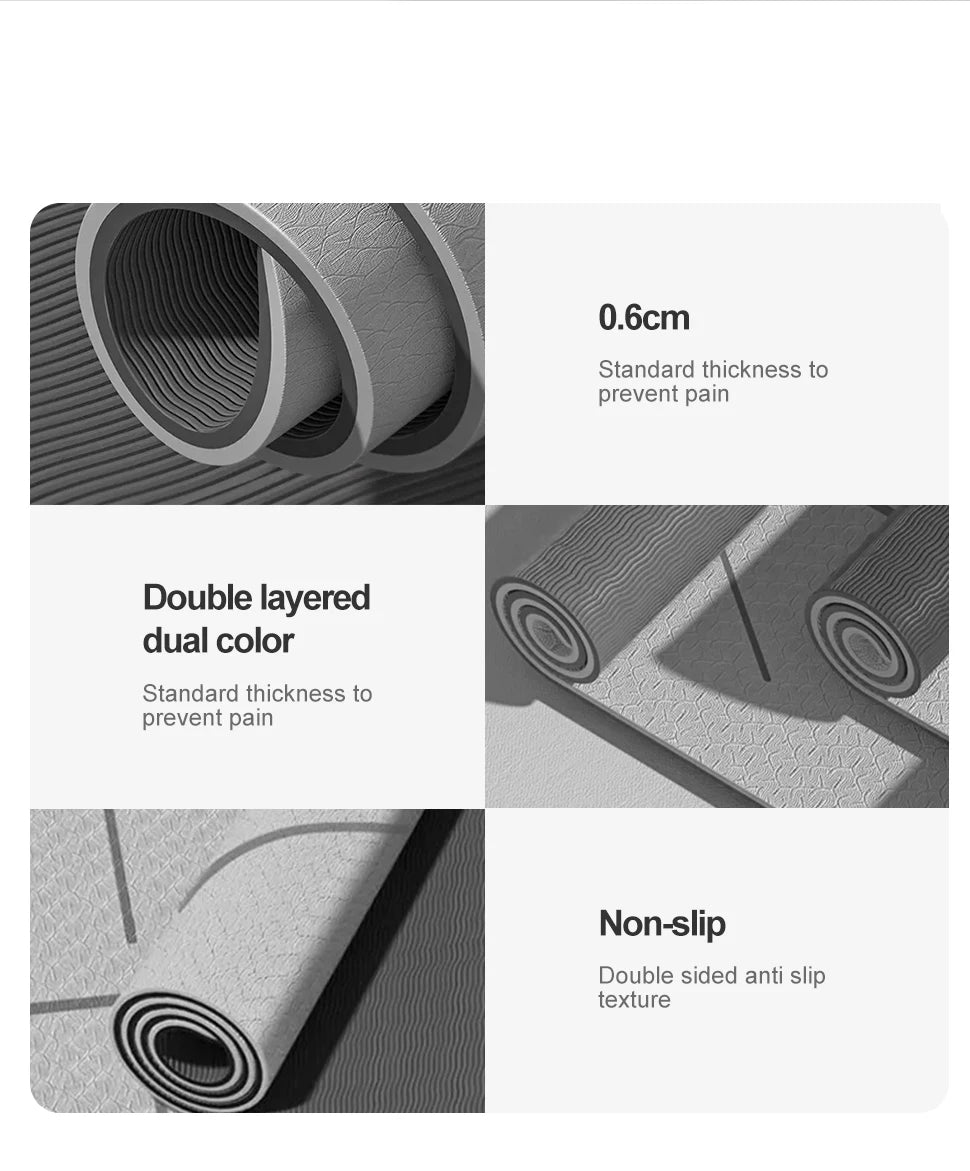Gray TPE yoga mat showing 0.6cm thickness and double-sided non-slip texture