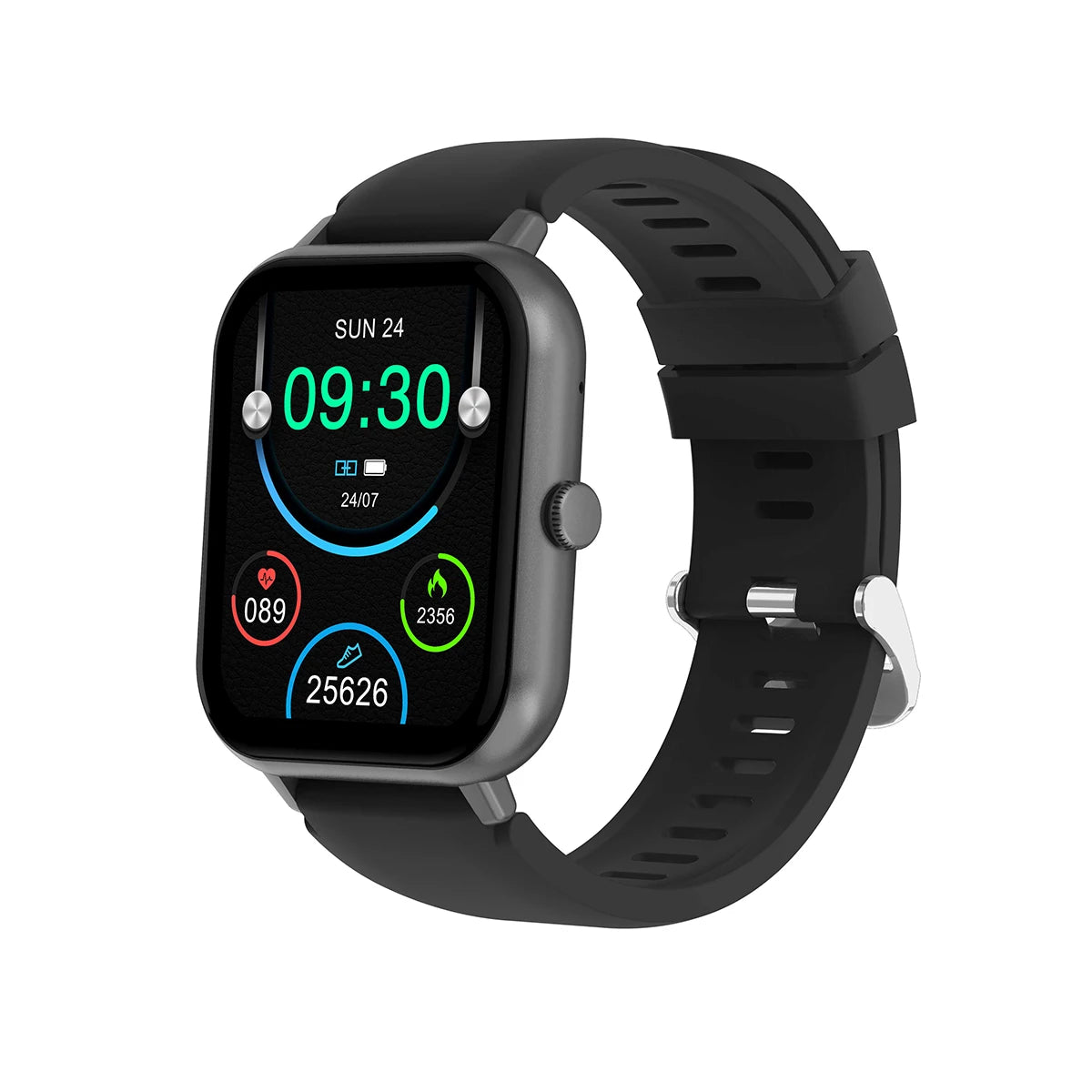 Smartwatch with black silicone strap, square screen showing 09:30 and health icons