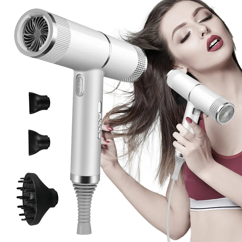 White professional hair dryer with concentrator nozzle and two styling attachments