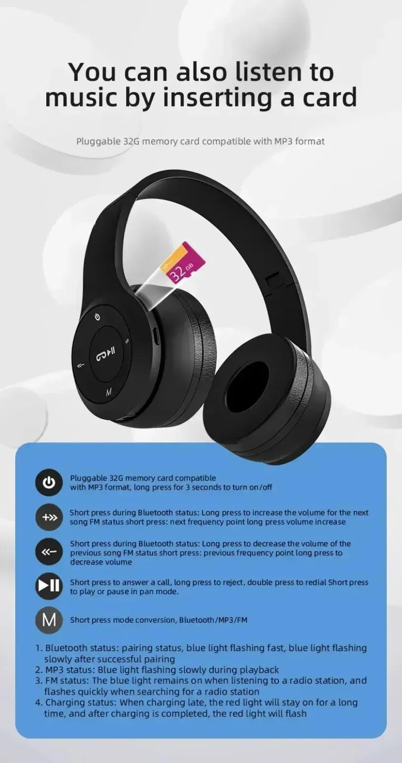 P47 Wireless Bluetooth Headphones - Foldable Over-Ear with 6H Talk Time & Volume Control