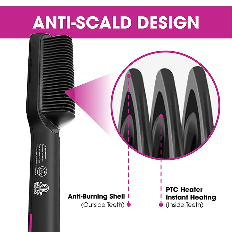 Black hot brush hair straightener comb with anti-scald bristle guard