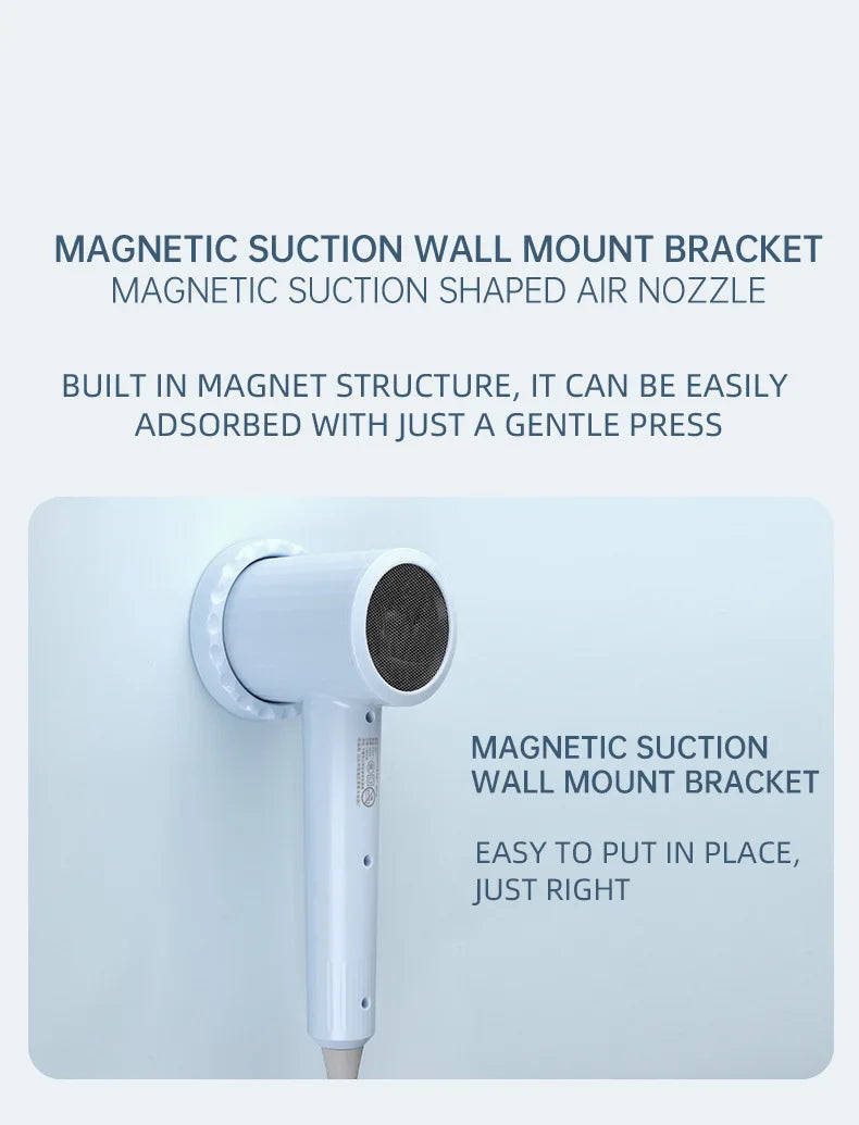 Hair dryer with magnetic wall-mount bracket and magnetic suction air nozzle head