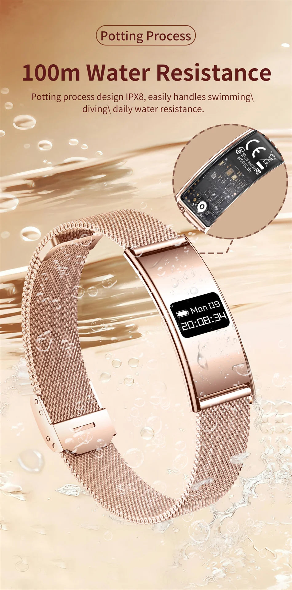 Rose gold fitness tracker bracelet with mesh strap and black display