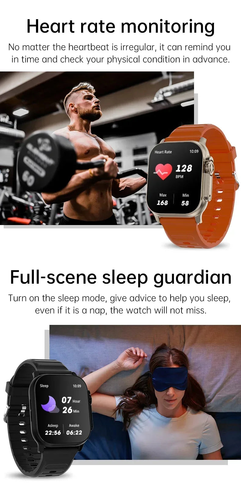 Smart watch with orange silicone strap, displaying heart rate and sleep guidance icons.