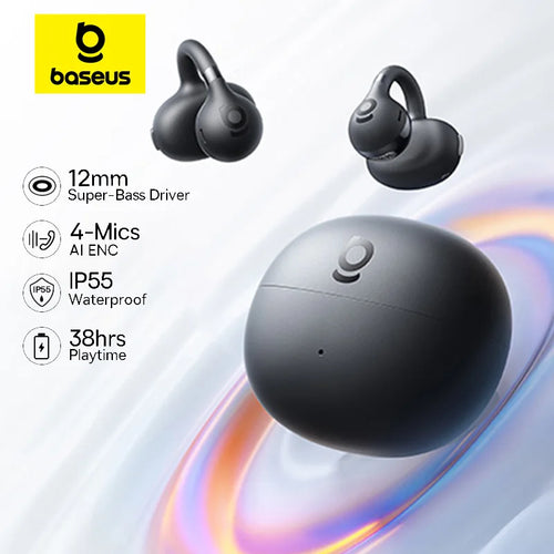 Black open-ear clip earbuds with a rounded ear hook and speaker grille
