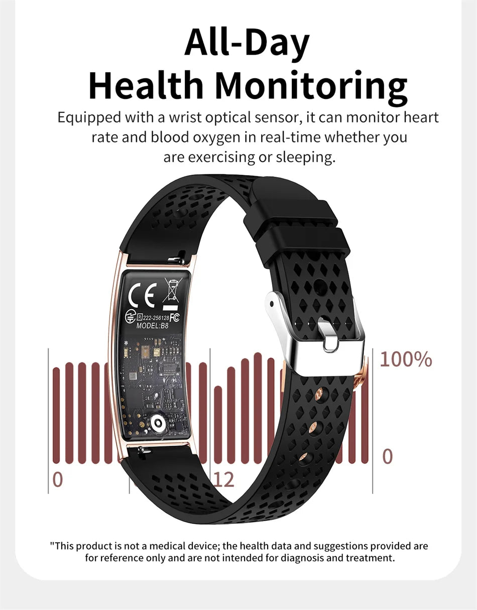 Smart fitness tracker bracelet with black perforated strap and front display