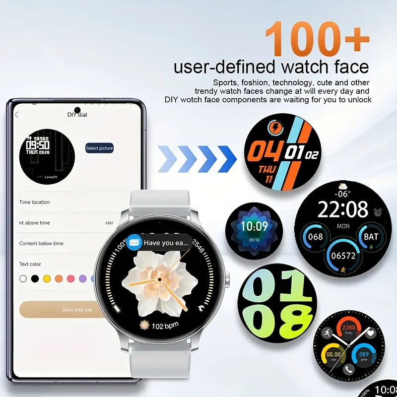 Cedar & Moore LAXASFIT GT2 smart watch with silver case and white strap, surrounded by 100+ circular watch faces