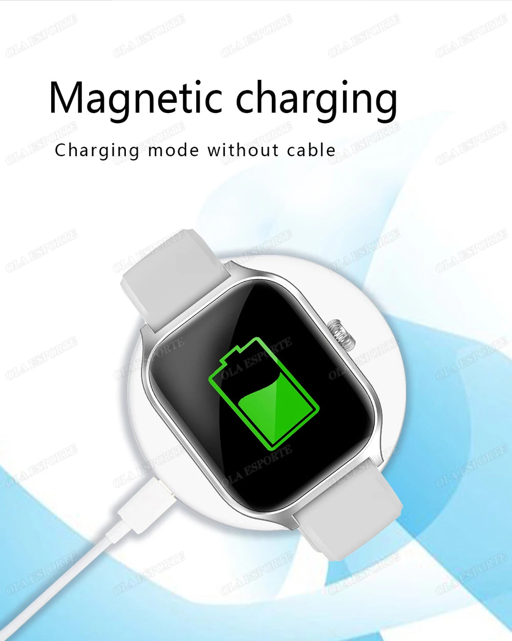 Smart watch on magnetic wireless charger with white strap 2.01-inch display