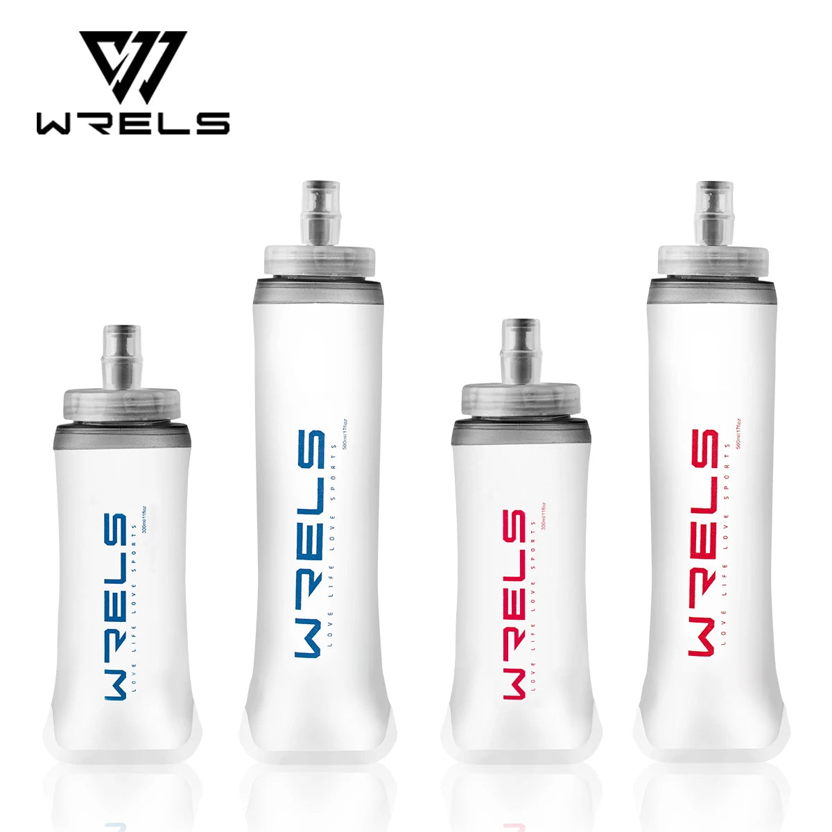 Hydration soft flask set with screw cap, frosted translucent body, blue and red accents