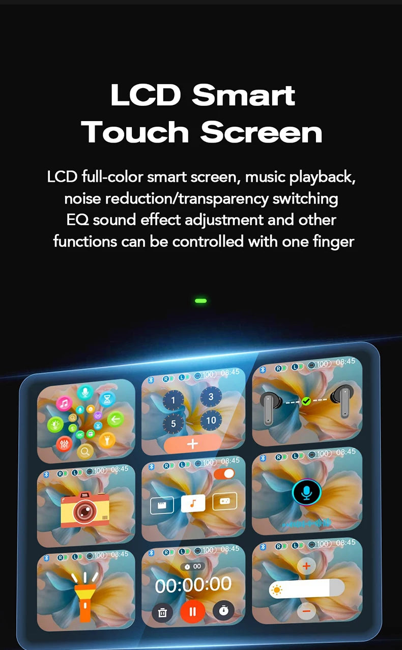 Black charging case with full-color touch LCD screen for music and EQ