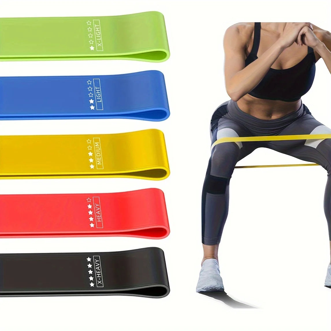 Resistance bands in green, blue, yellow, red, and black with strength labels