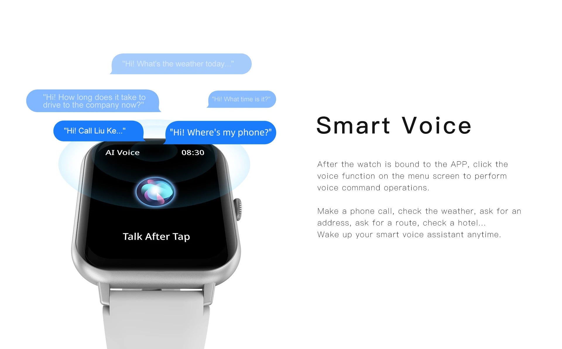 Smartwatch with silver case and white strap, showing a dark screen with voice prompts