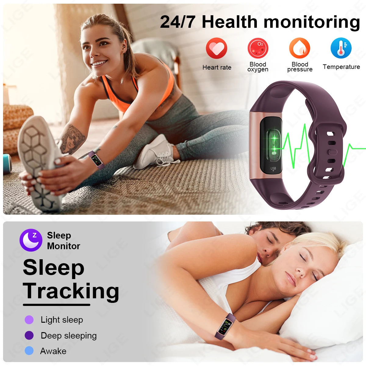 LIGE Fashion Smartwatch Temperature Blood Heart Oxygen Monitoring Bracelet