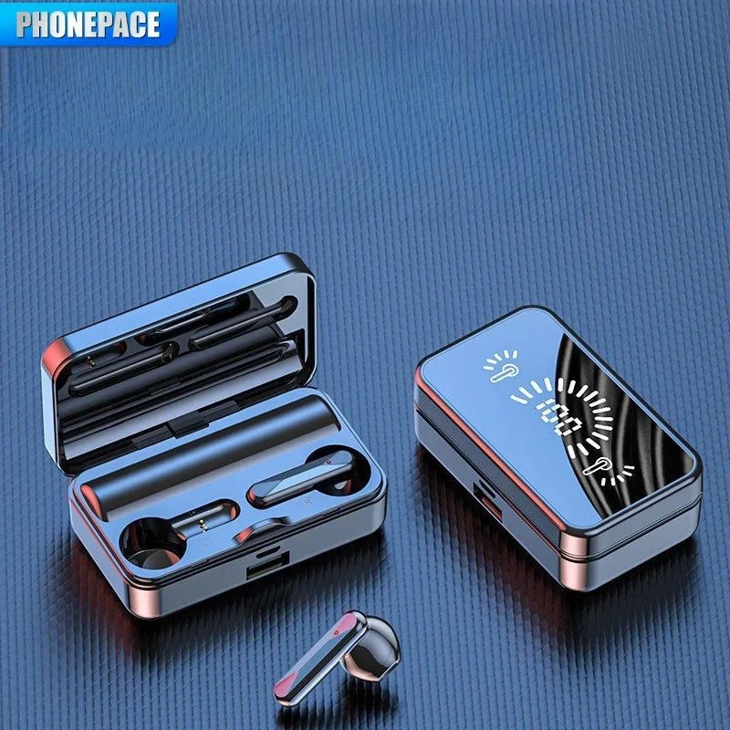 Bluetooth earphones charging case with wireless earbuds and charging ports, open