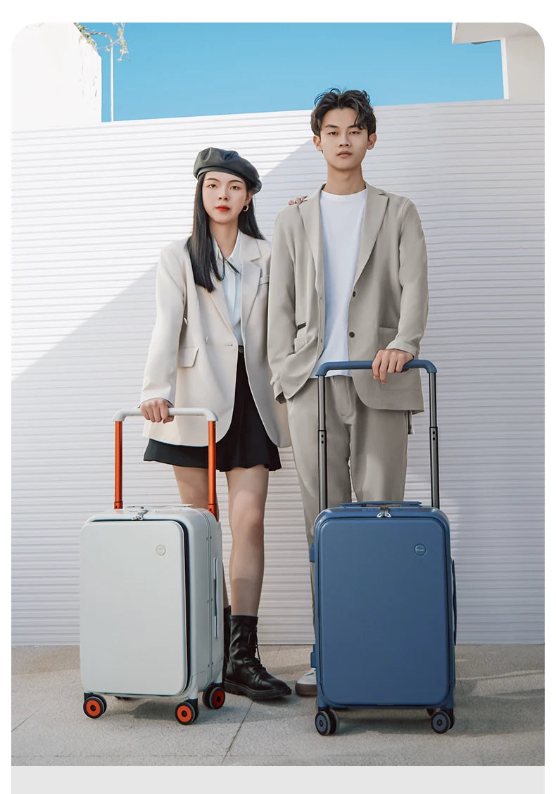 White and blue carry-on trolley suitcases with matching handles and spinner wheels