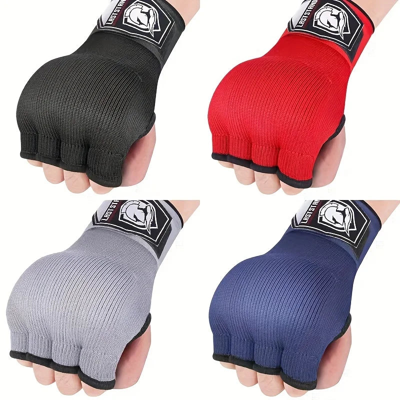 Half finger gel boxing gloves in black, red, gray, and blue, with open thumb and knuckle pads.