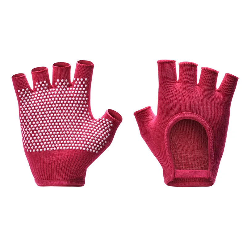 Fuchsia red half-finger yoga gloves with white grip dots and thumb ring