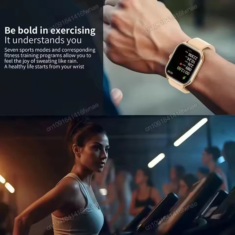 Cedar & Moore smart watch on a rose-gold strap with square touchscreen for fitness tracking
