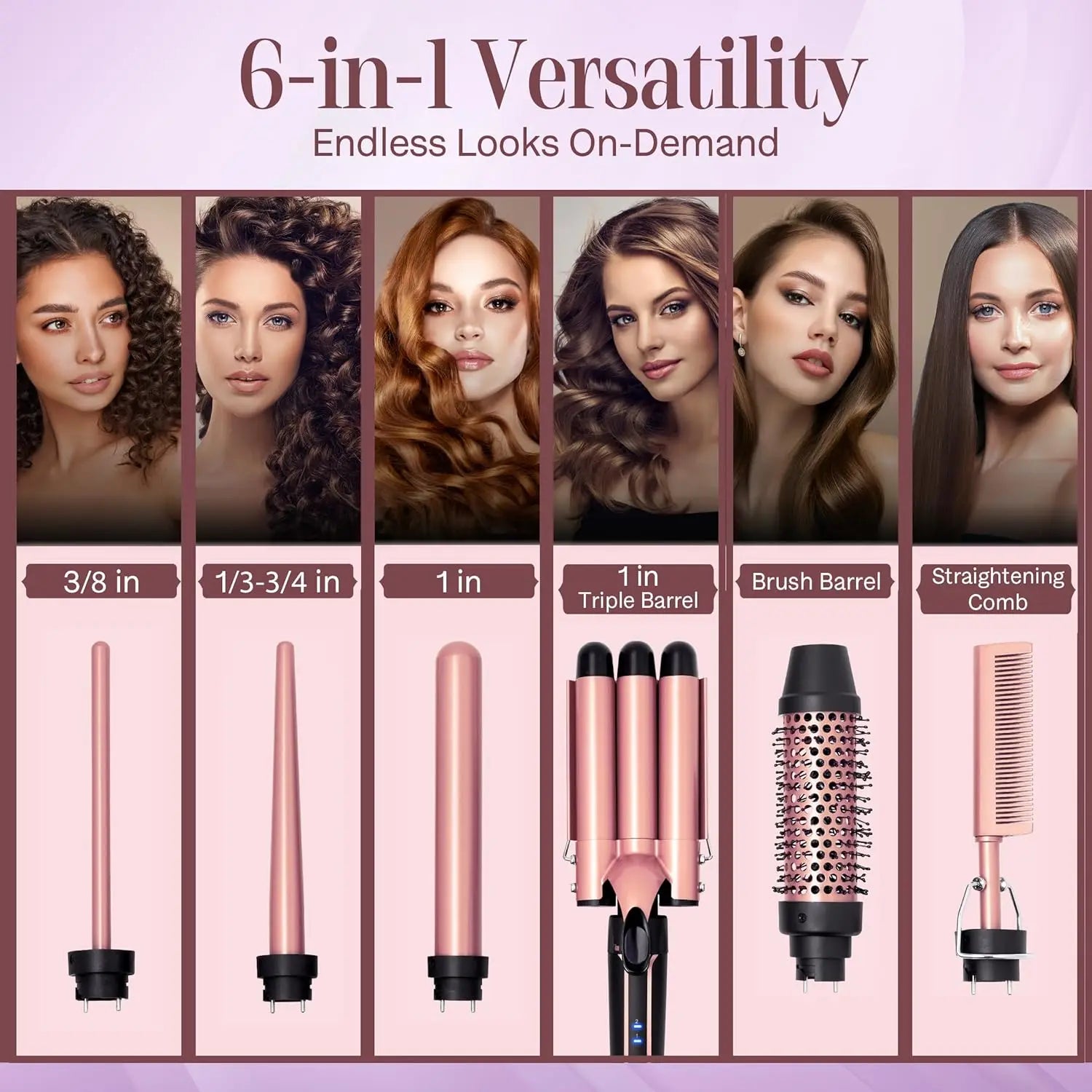Rose-gold 6-in-1 curling iron kit with different barrel sizes, brush barrel, and straightening comb
