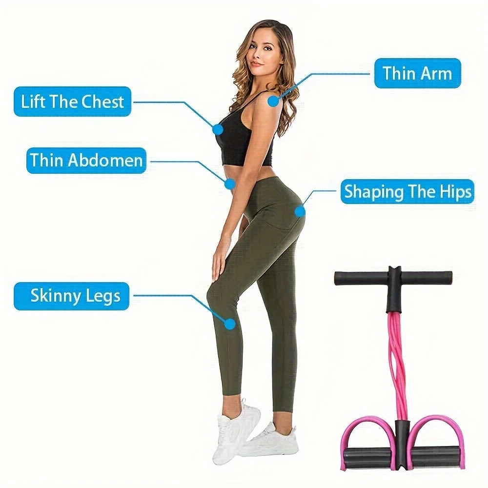 Purple resistance band system with foam handles and foot pedals in upright workout pose