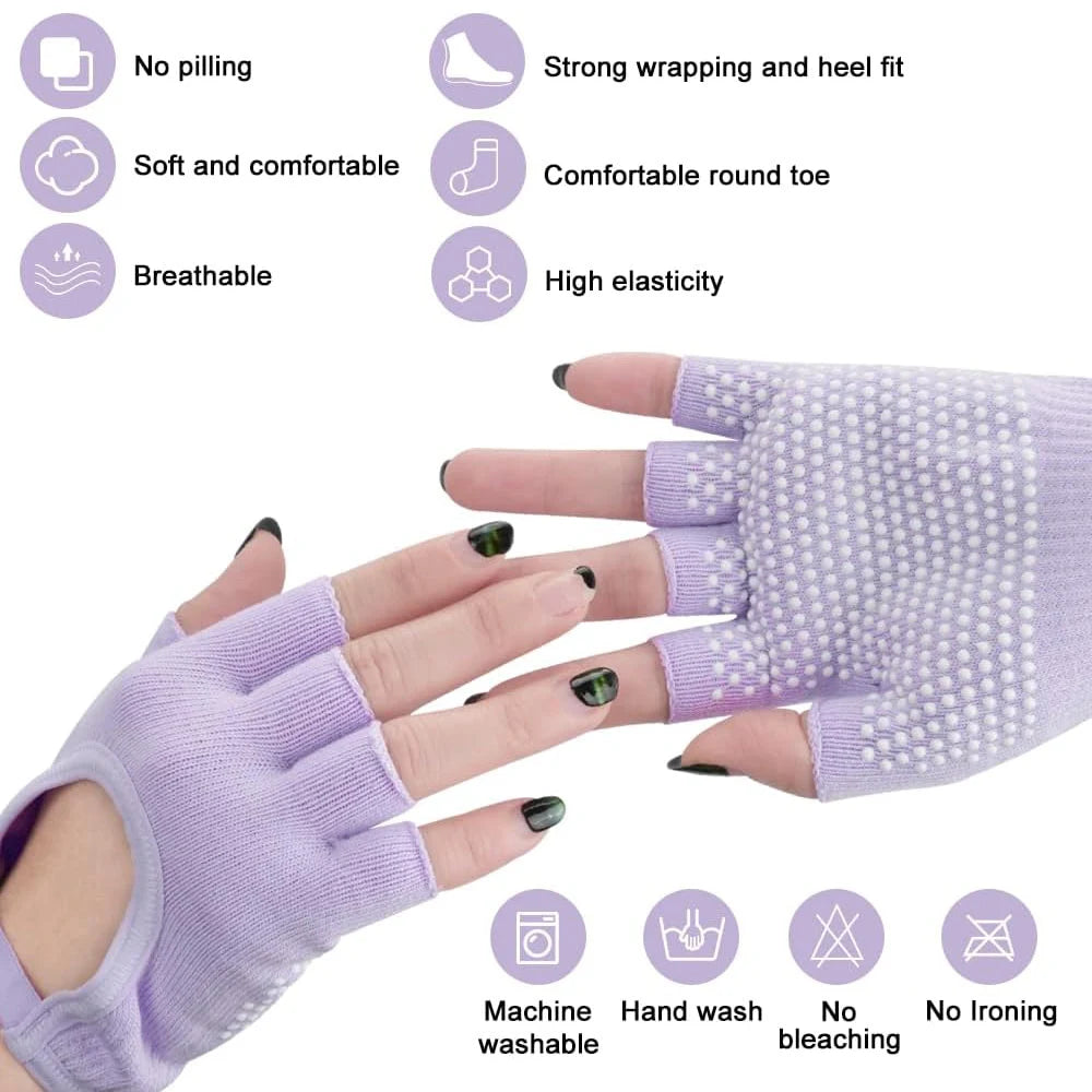 Purple half-finger gloves on hands with white dotted grip across the palm