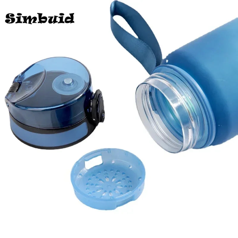 Sports water bottle with straw, clear straw lid, blue bottle and cap components