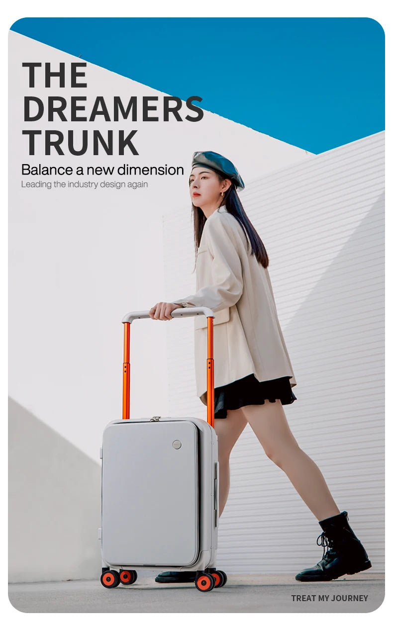 White carry-on trolley suitcase with orange handle and four spinner wheels
