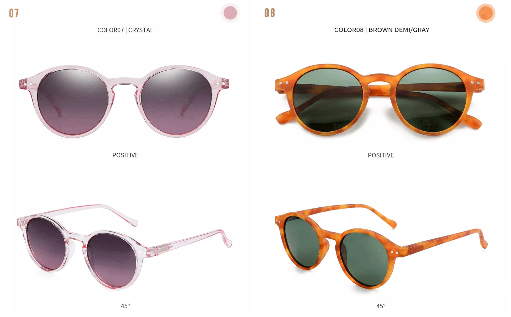 Small round sunglasses: pale pink frame with dark purple lenses and orange frame with gray lenses.