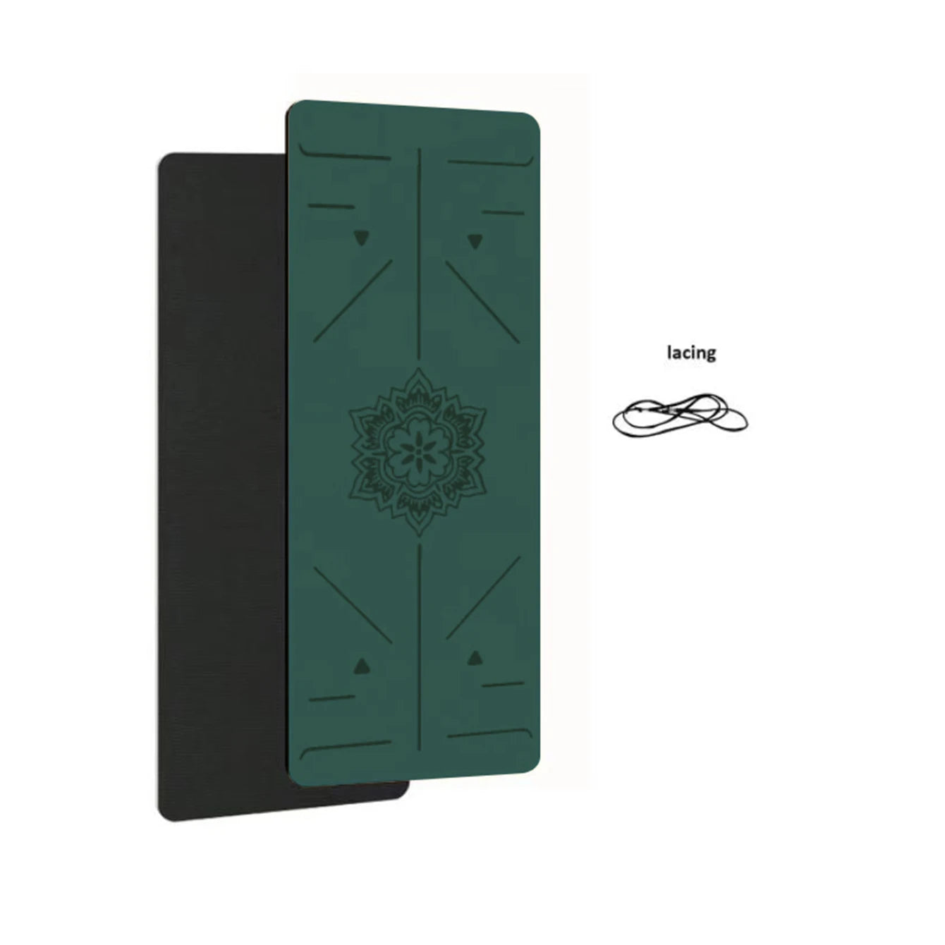 Yoga mats: two green 6mm TPE mandala-pattern mats over a black mat; eco-friendly, non-slip.