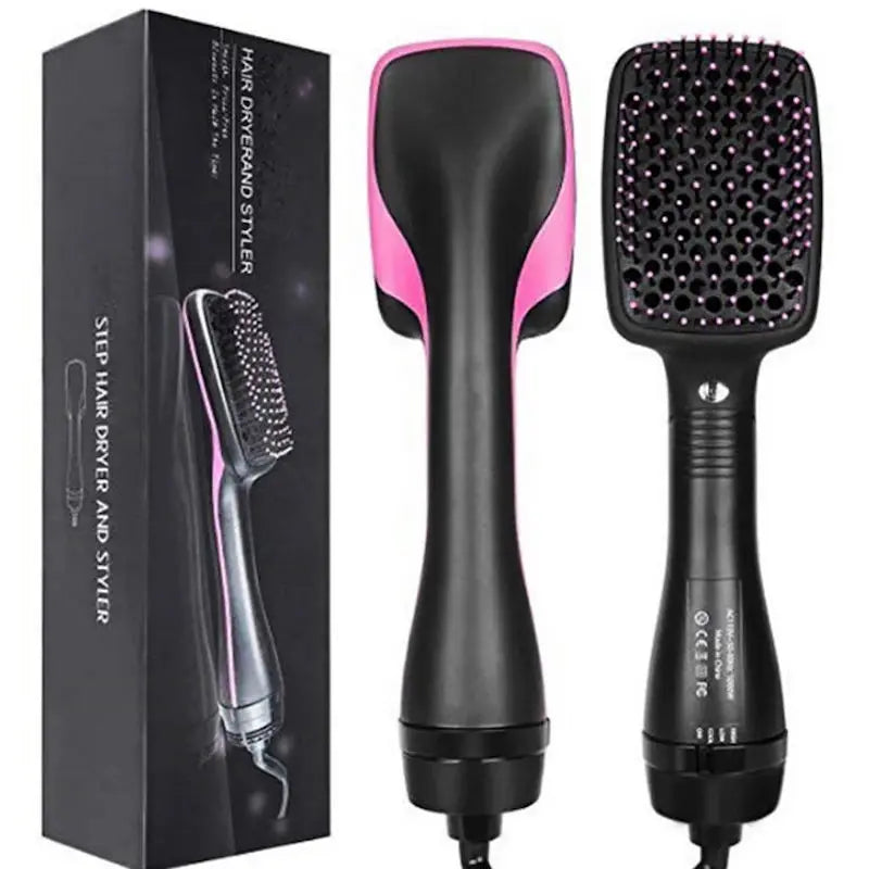 Hot air brush hair dryer kit: black device with pink accents and extra square bristle head
